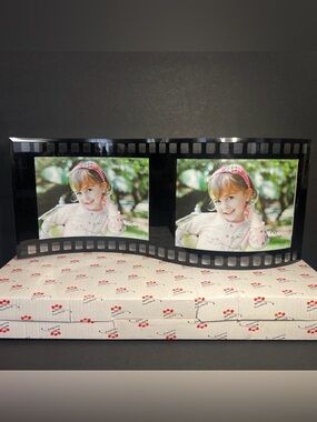NIB Black Glass Double Photo Frame Curved Film Strip Picture Holder 7 x 16.25"